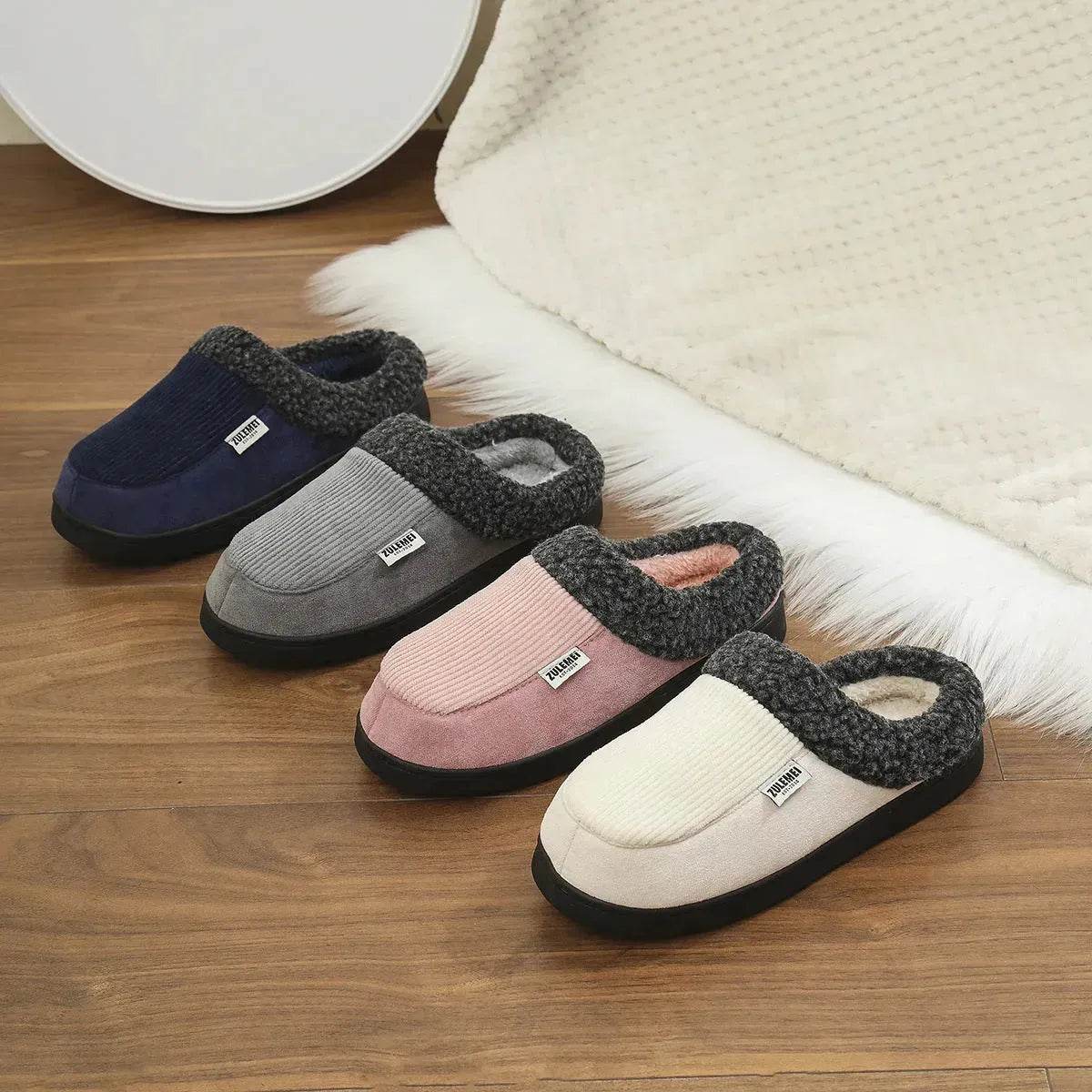 Fashion Solid Striped Cotton Slippers Winter Warm Indoor Bedroom Floor Slipper For Couples Non-slip Thick Sole House Shoes - Velora
