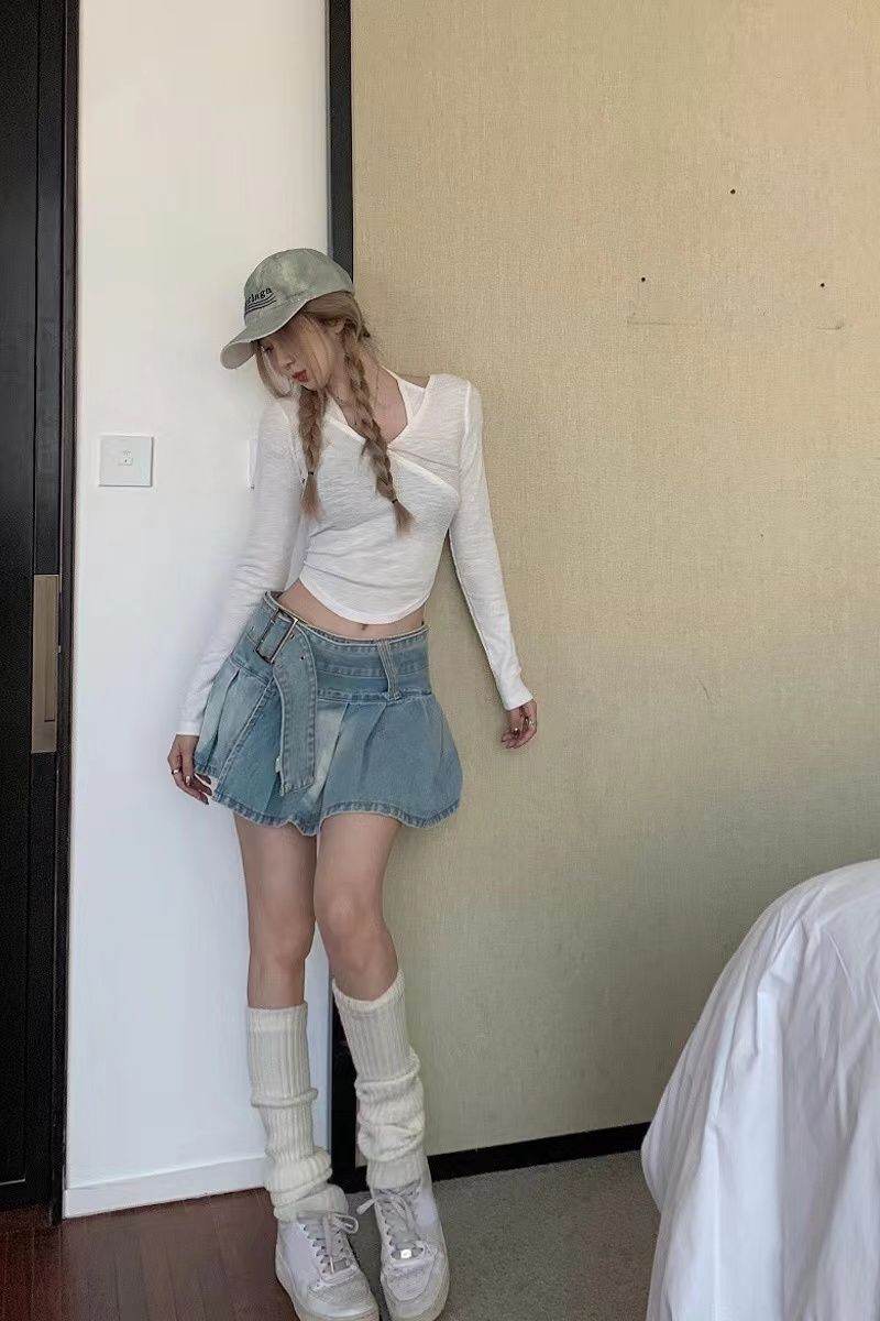 High Waist Slimming Denim Pleated Mini Skirt - Velora