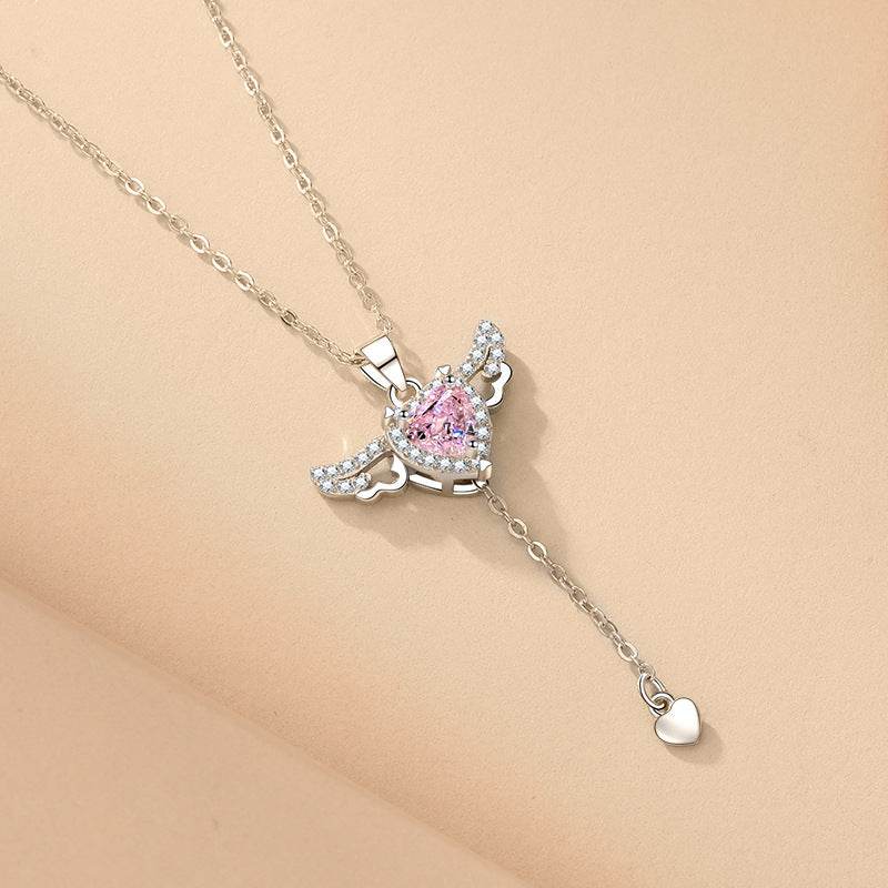 Moving Cupid Heart Angel Wings Tassel Necklace With Crystal Clavicle Chain Women Jewelry Gift Valentine's Day - Velora