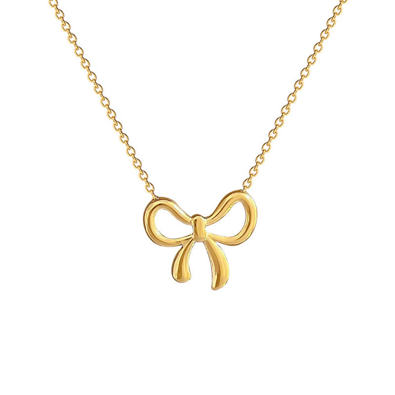 Whole Titanium Steel Mori Style Bowknot Minimalist Style Real Gold Clavicle Necklace For Women