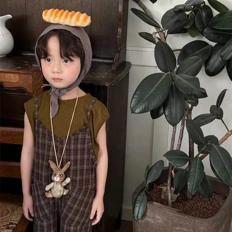 Summer Children's Plaid Overalls boy And girl Baby Unisex Mori Style Retro Jumpsuit Straight-leg Pants - Velora