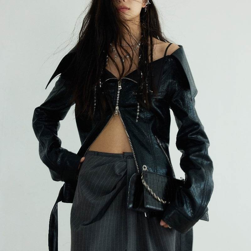Large Lapel Off-shoulder Chapped PU Leather Narrow Jacket Coat - Velora