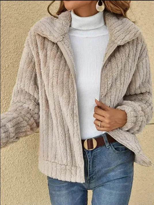 Fall Winter Casual Women Thick Fleece sherpa Lapel Cardigan sweater Jacket - Velora