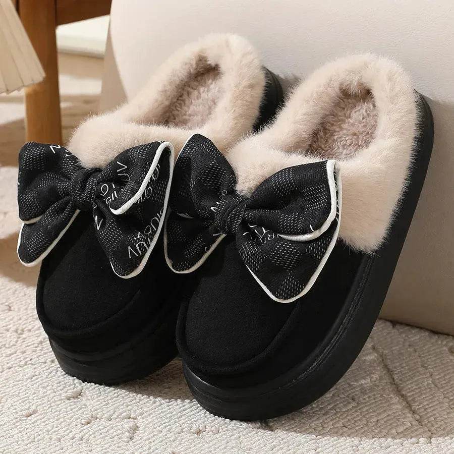 Cute Bowknot Plush Slipper Winter Warm Indoor Floor Bedroom Home Slippers For Women Fashion Thick-soled Solid House Shoes - Velora