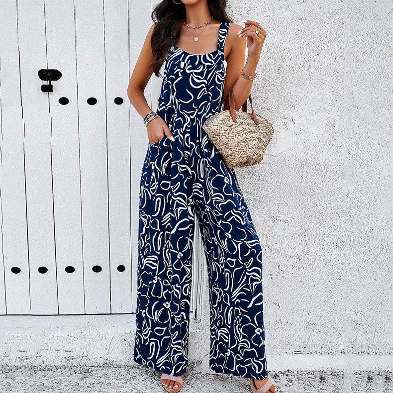 Fashion Print Square Neck Jumpsuit With Pockets Spring Summer Casual Loose Overalls Womens Clothing - Velora