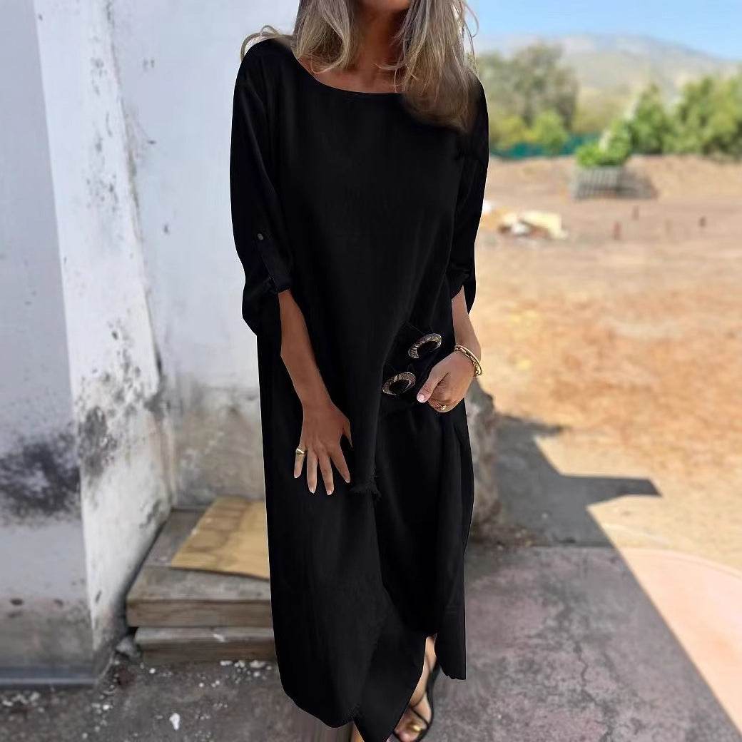 Loose Irregular Long Suit With Metal Button Design Round Neck Long-sleeved Top And Straight Trousers Fashion Wide-leg Pants Women's Clothing - Velora