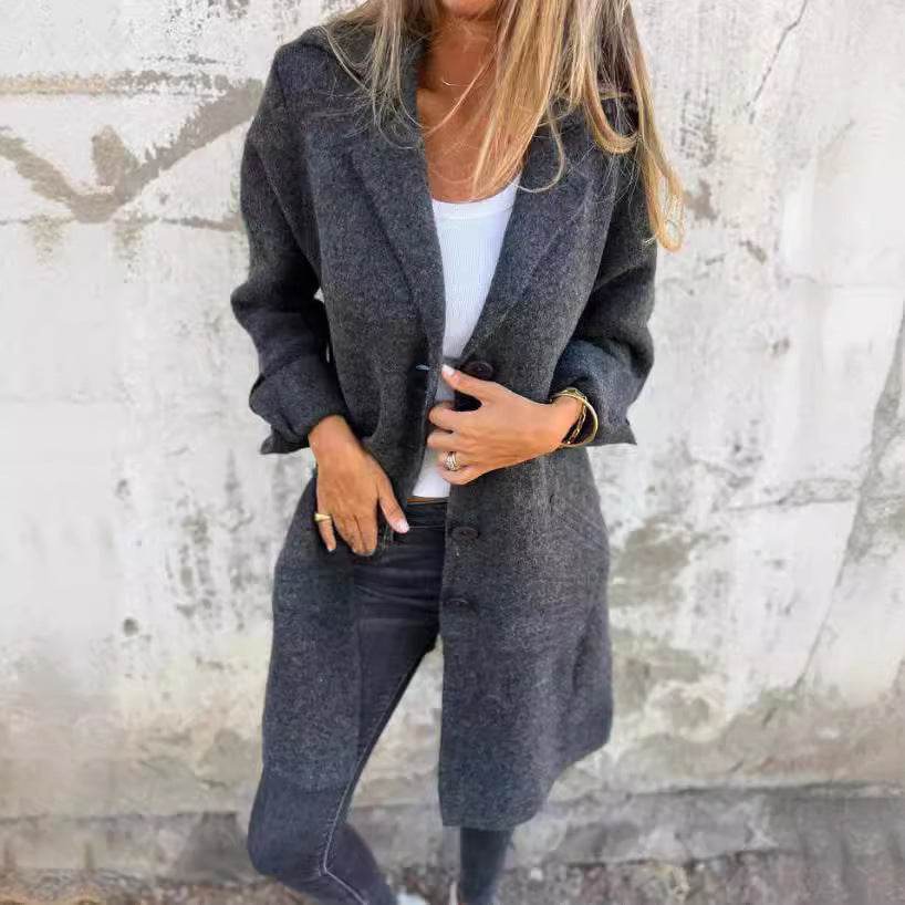 Lapel Single Breasted Cardigan With Pockets Fashion Color Solid Mid-Length Outwear Coat Womens Clothing - Velora
