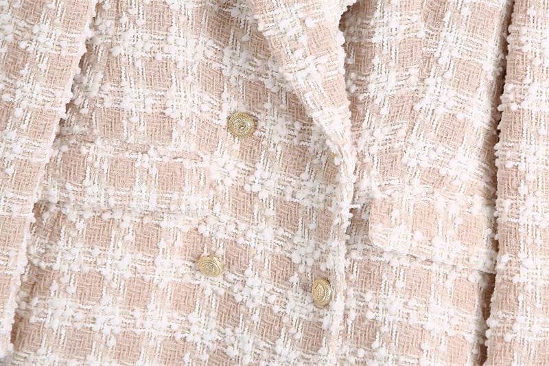 Elegant Luxury Lapel Long Sleeved Double Breasted Check tweed Blazer Women - Velora