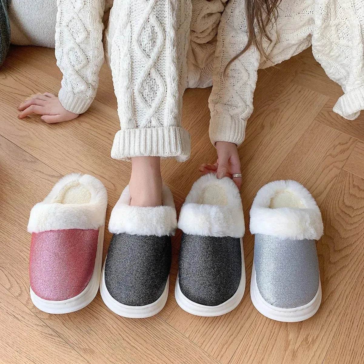Fashion Frosted Sequined Plush Slippers Winter Warm Home Indoor Non-slip Bedroom Floor Fuzzy Slipper For Couple Women House Shoes - Velora