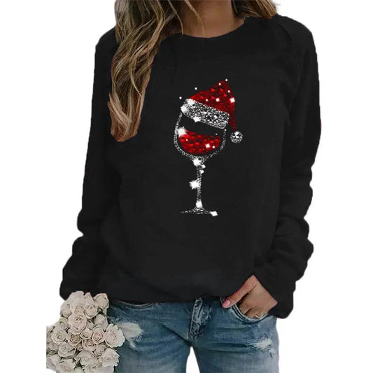 Clothing Christmas Women's Sweater Christmas Hat Red Wine Glass Graphic Print Crew Neck Long-sleeved Sweater - Velora