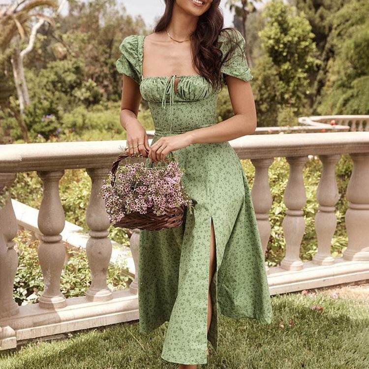 Summer Floral Print Dress Women Sexy Party Long Dresses Puff Short Sleeve - Velora