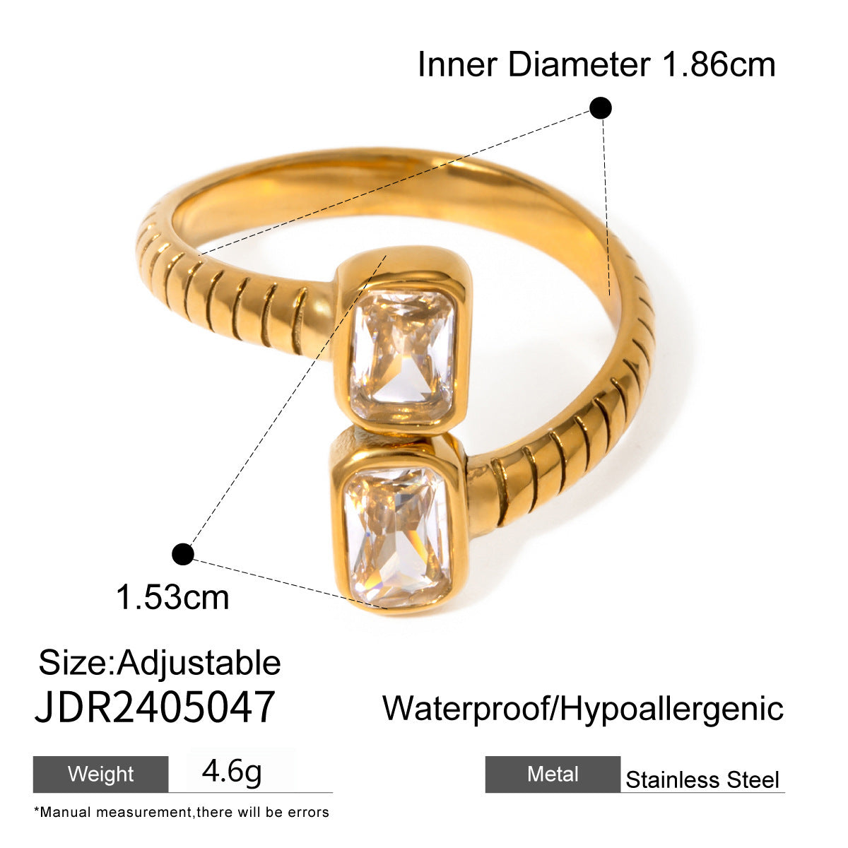 18K Gold Stainless Steel Open-end Zircon Ring High-grade Ins