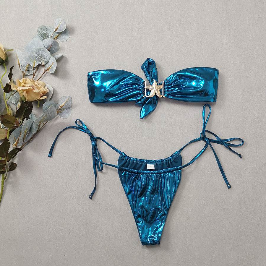 Tube Top Split Bikini Blue Glossy Gold Starfish Female - Velora
