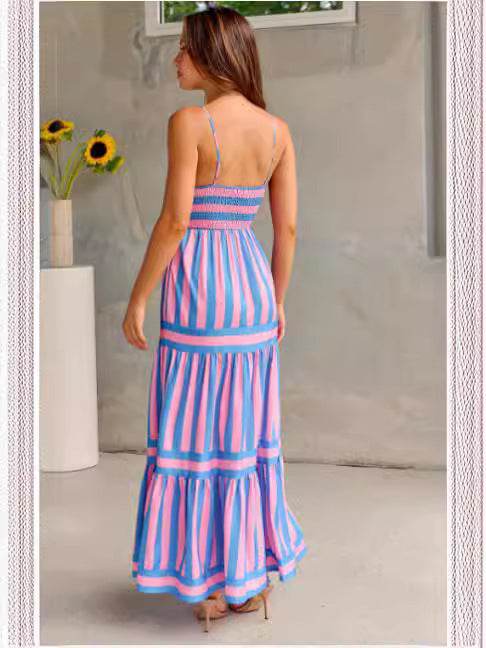 Summer Striped Printed Suspender Long Dress With Pockets Fashion Square Neck Backless Dresses For Beach Vacation Women Clothing - Velora