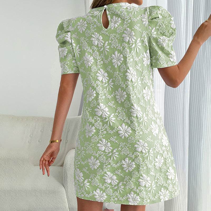 Women's Puff Sleeve A-Line Mini Dress Crew Neck Floral Casual Summer Dress - Velora