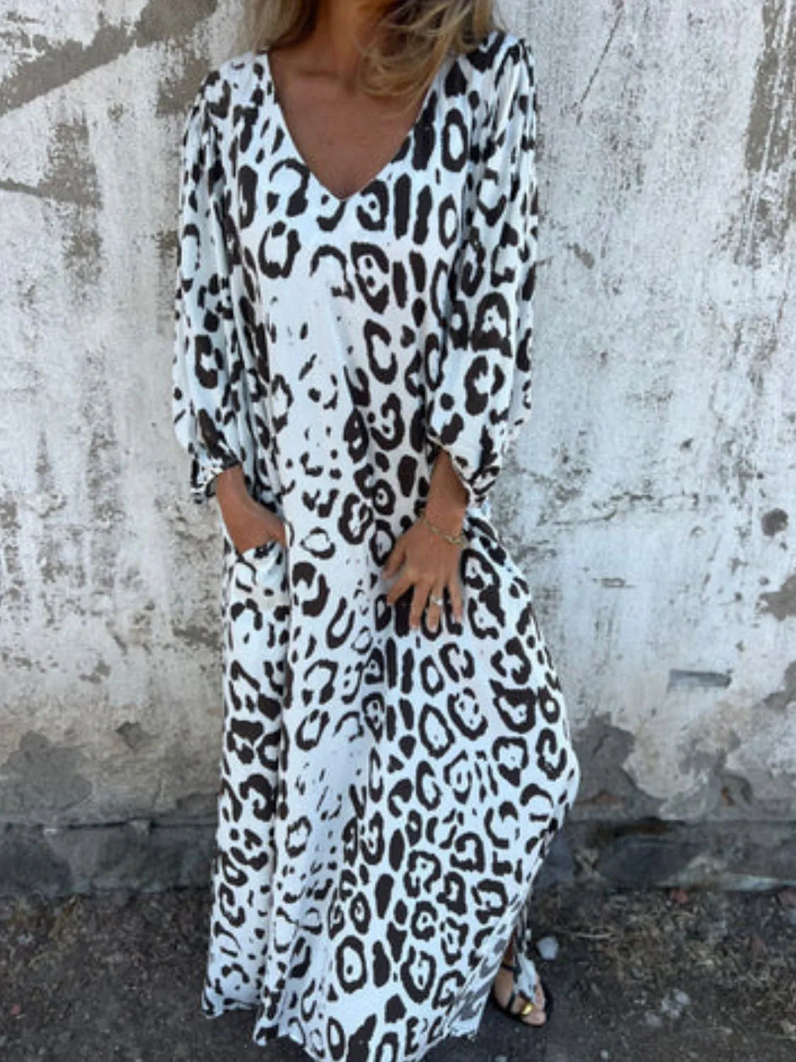 Full Size Printed V-Neck Dress with Pockets Plus Size - Velora