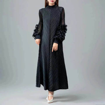 Middle East Plate Flower Loose Plus Size Pleated Extended Dress Oganza Long Sleeve Maxi Dress for Occasional events