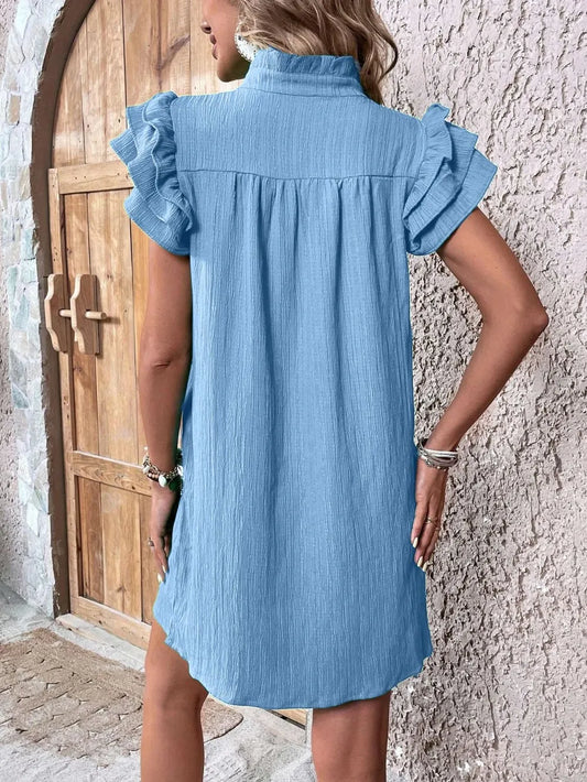 Ruffled Notched Cap Sleeve Mini Dress - Velora