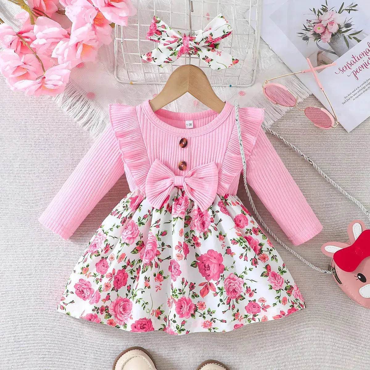 Newborn baby girl Winter floral Printed Bow Dress Suit Baby girl Dress outwear for girls plus head bowtie Baby girl pink dress