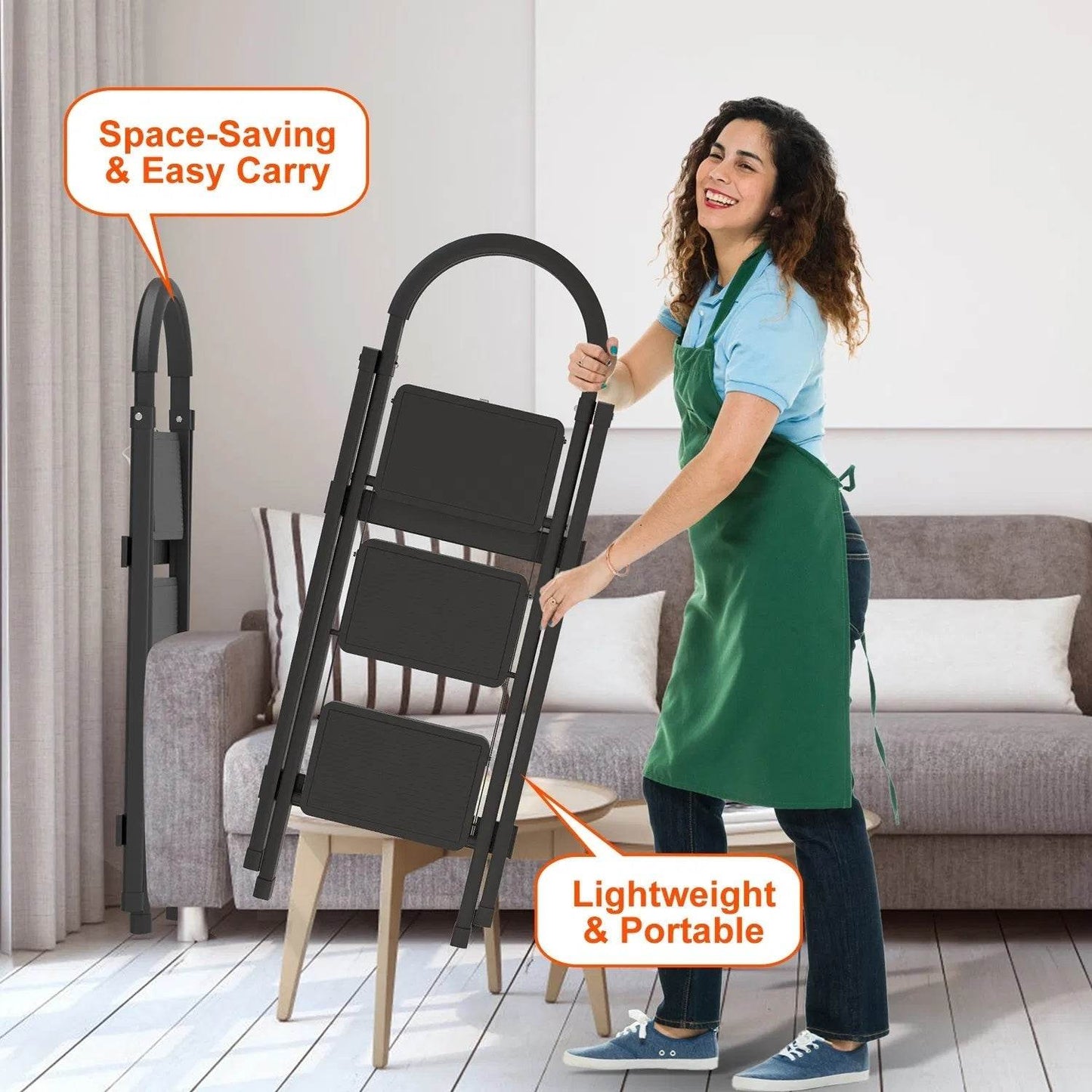 3-Step Folding Ladder, 330lbs Load Capacity, Lightweight 6.94lbs With 1.57in Folding Width, Heavy Duty Steel Construction, Non-Slip Pedals & Feet, Safety Lock, Multi-Use For Home Kitchen Living Room - Velora