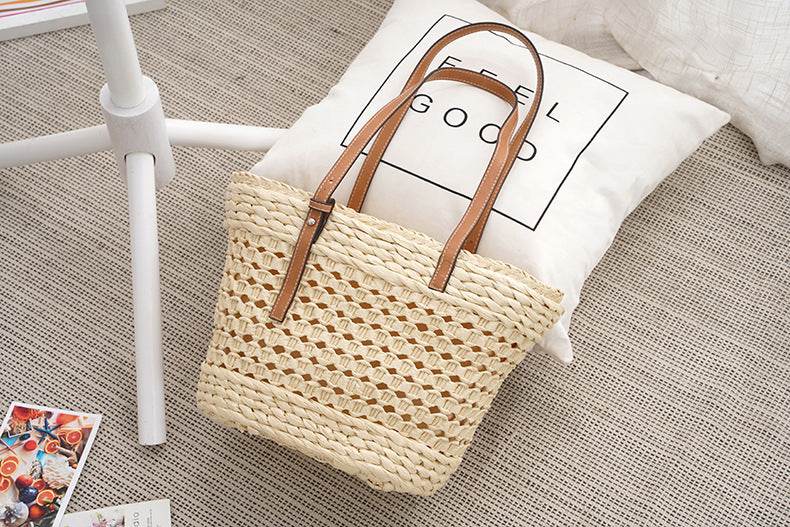 Large Capacity Fashion Urban Simple White Khaki Straw Braided shopper Beach Bag - Velora