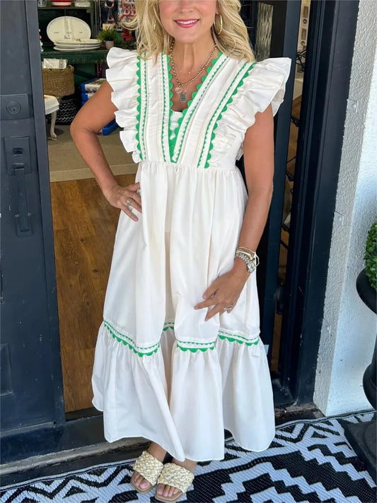 Full Size Contrast Trim Ruffled Cap Sleeve Dress Plus Size - Velora