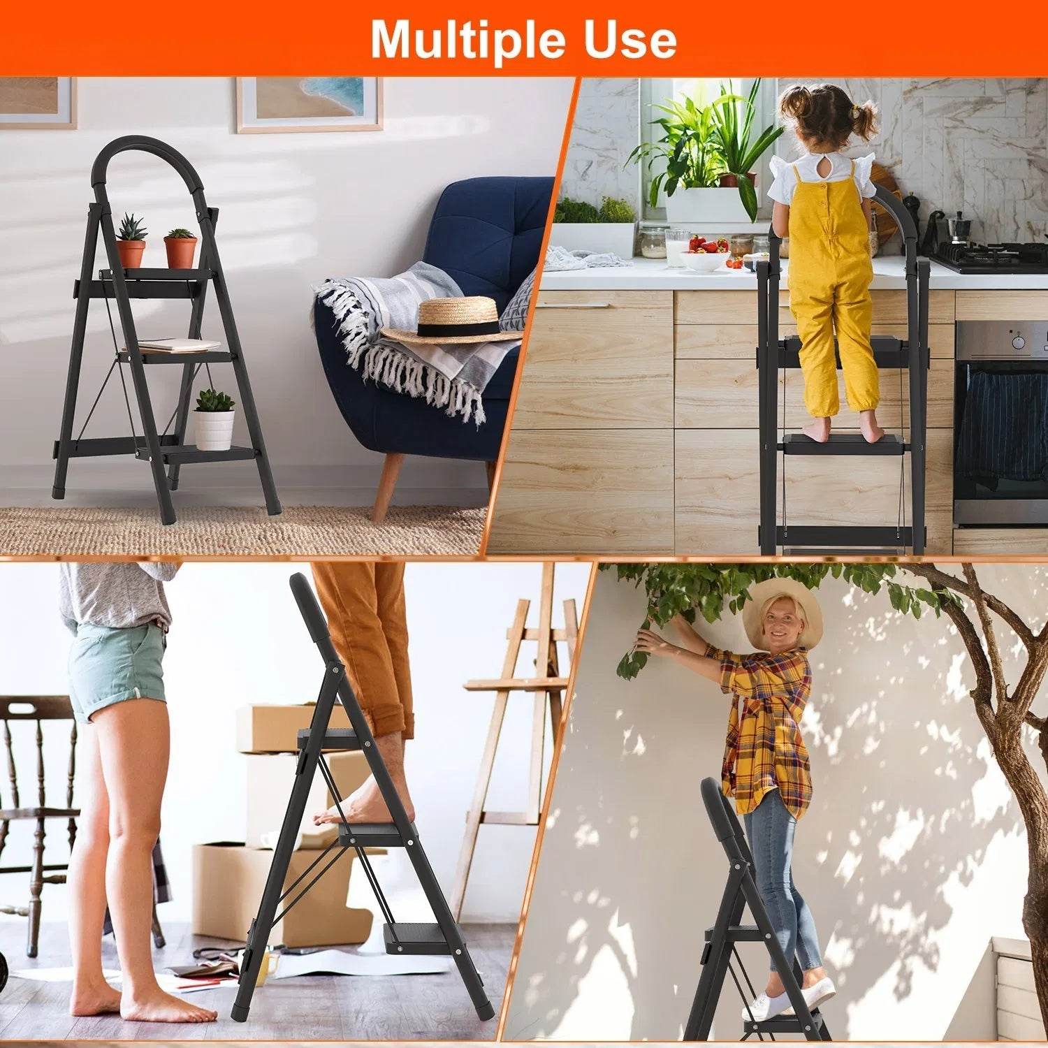 3-Step Folding Ladder, 330lbs Load Capacity, Lightweight 6.94lbs With 1.57in Folding Width, Heavy Duty Steel Construction, Non-Slip Pedals & Feet, Safety Lock, Multi-Use For Home Kitchen Living Room - Velora