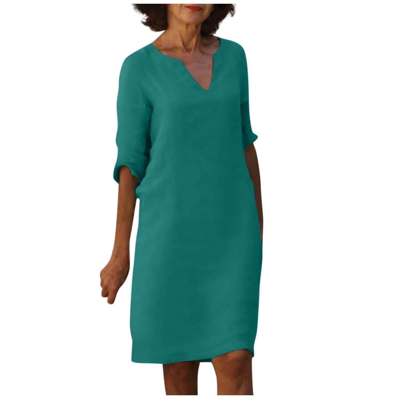Cotton And Linen V-neck Dress Summer Stitching Retro High Waist Pure Color Dresses - Velora