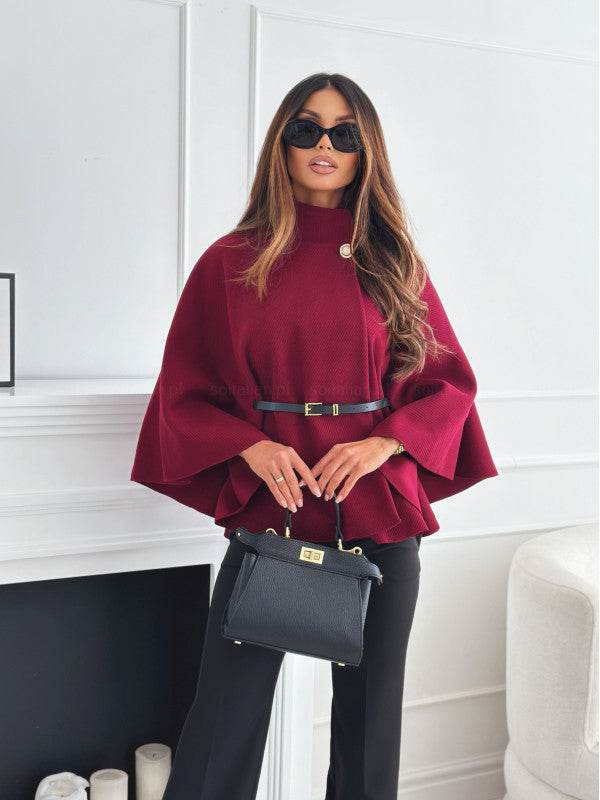 New Stand Collar Batwing Sleeves Cloak Top With Belt Ins Fashion Temperament Jacket Woolen Sweater Outwear For Women Clothing - Velora