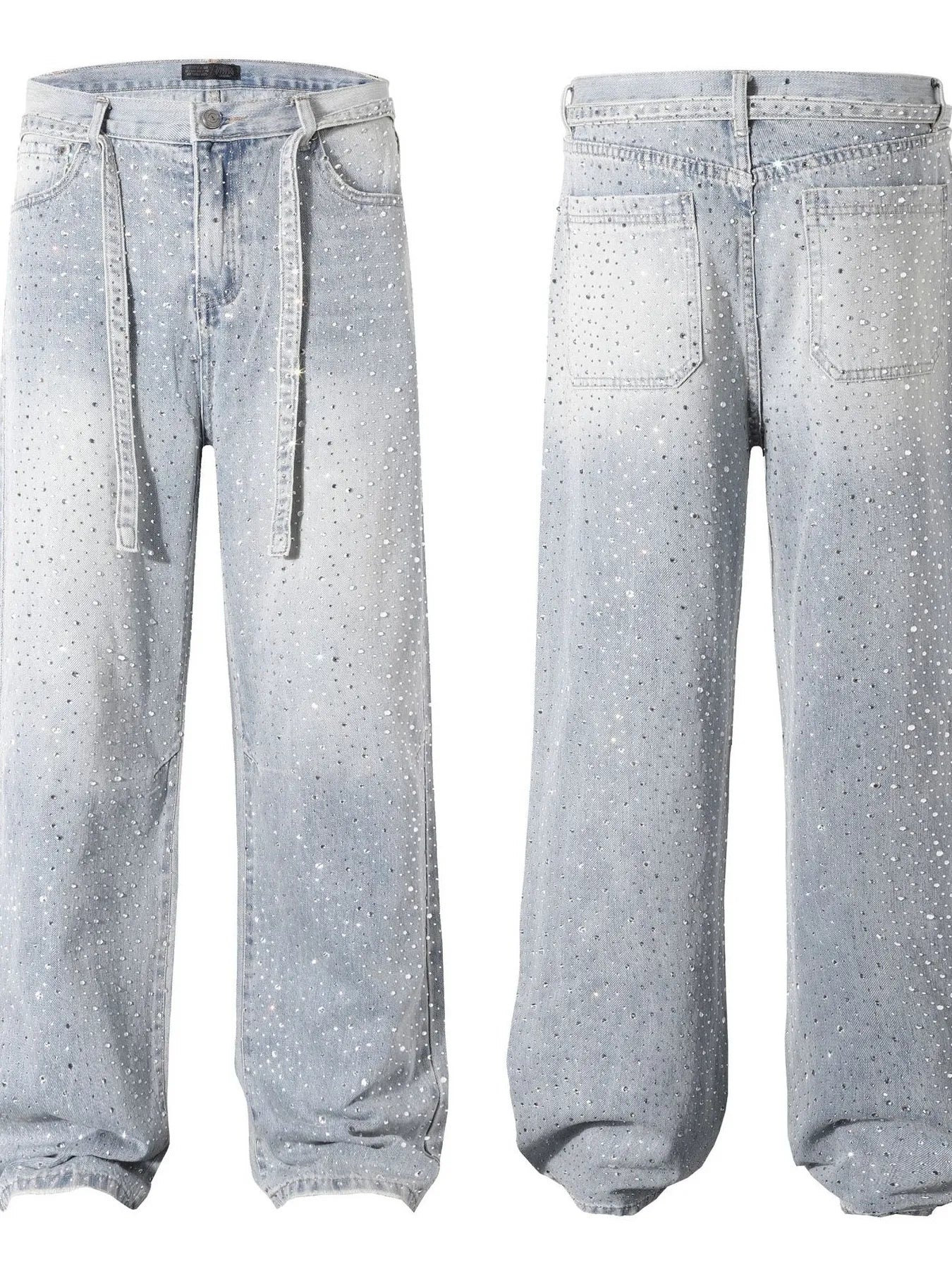 Men's Rhinestone Embellished Wash Relaxed Fit Jeans - Velora