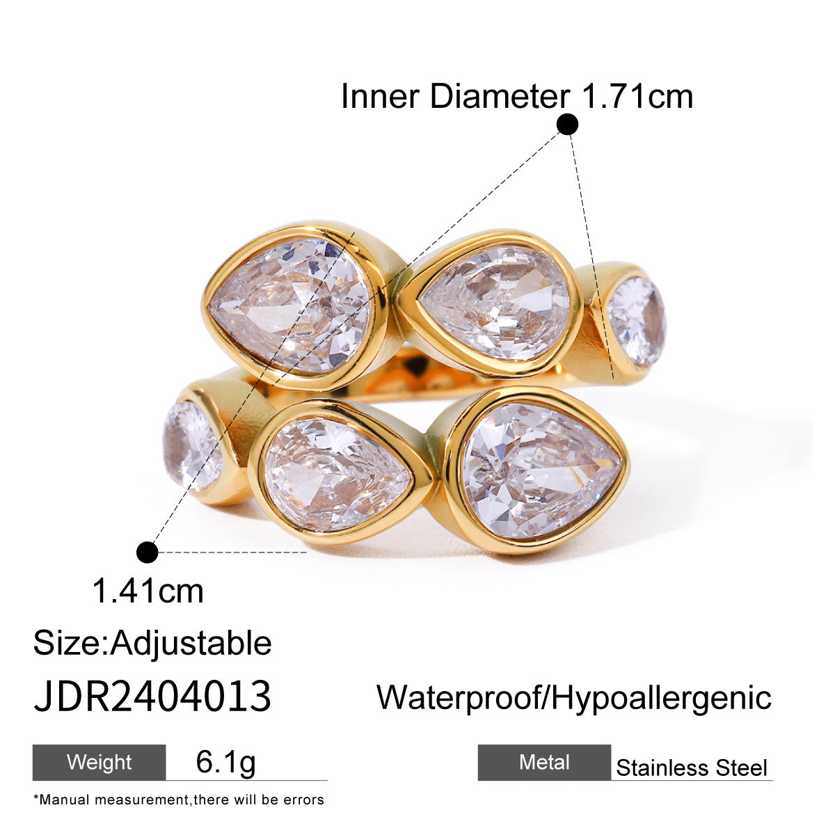 18K Gold Stainless Steel Open-end Zircon Ring High-grade Ins