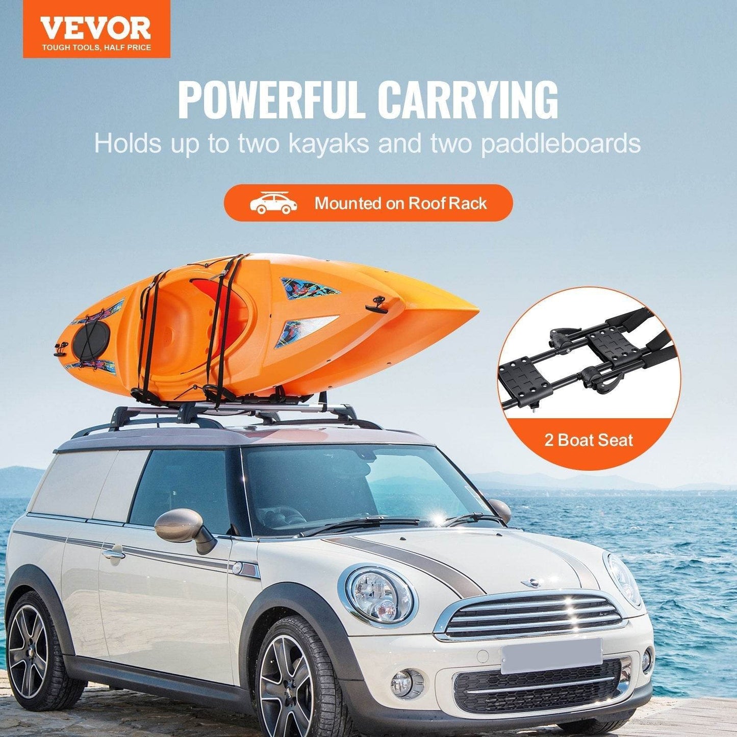Kayak Roof Rack 1 Pair J-Bar, Soft Roof Rack, Top Mount Tie Down, Carrier For Kayak, Surf Board, Canoe, SUP, Ski Board, Mount On Car, SUV, Truck, 2 Kayaks - Velora
