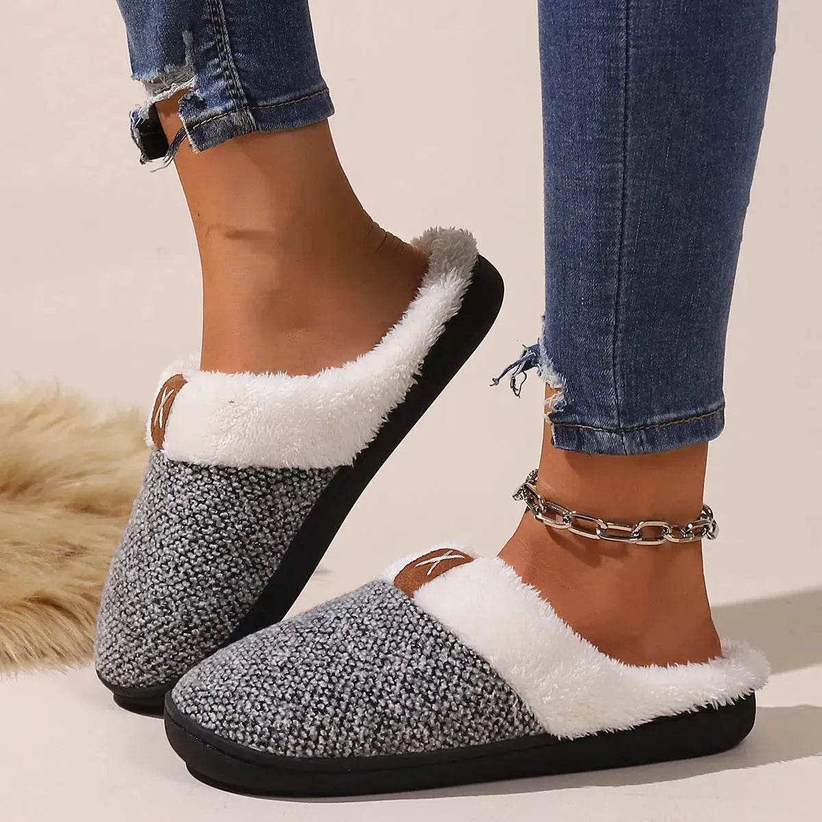 Winter Plush Slippers Fashion Thick Bottom Warm House Shoes For Women Men Indoor Bedroom Floor Slipper - Velora