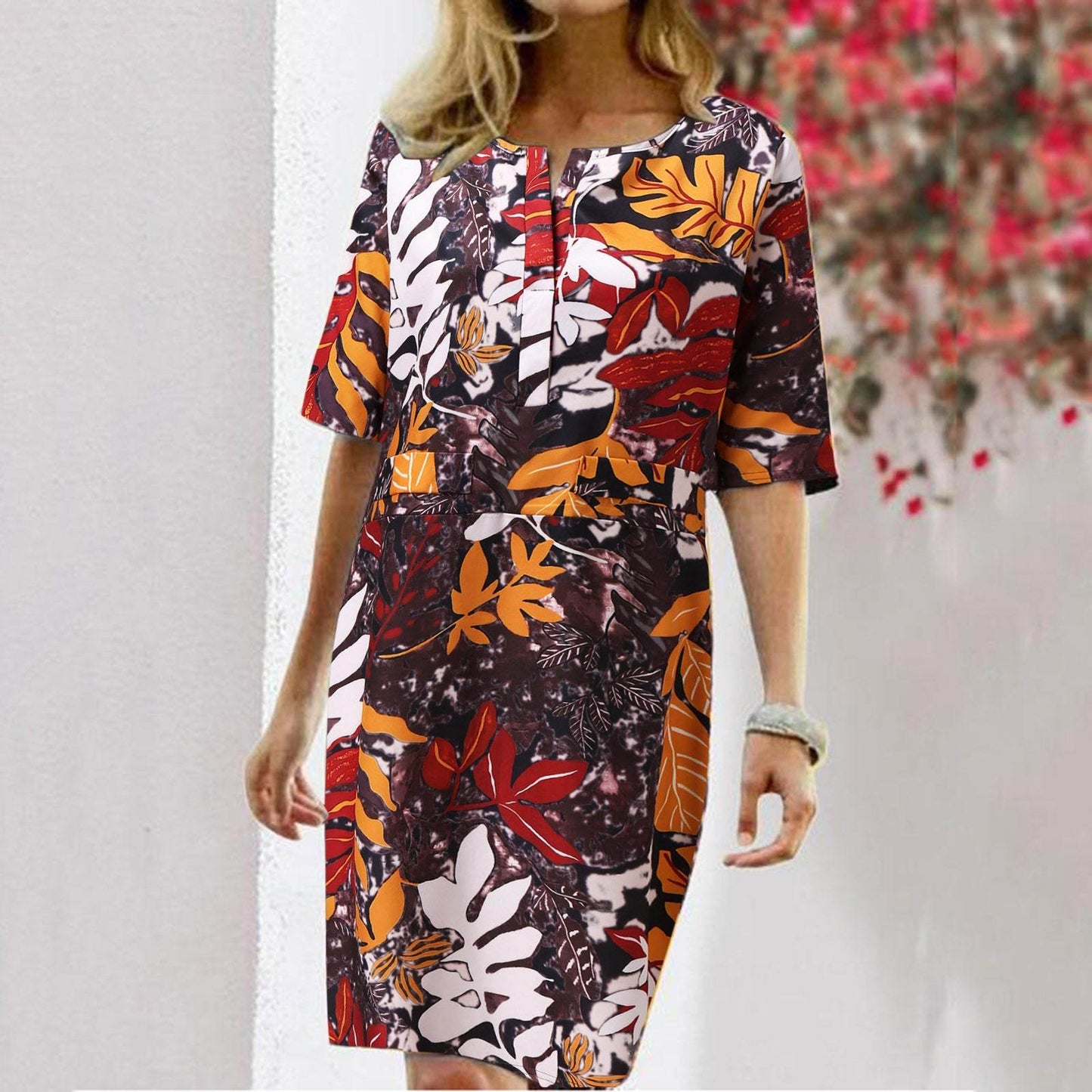 Vintage Dress Women Summer Floral Leaf Print Slit Round Neck Half Sleeve Dresses - Velora