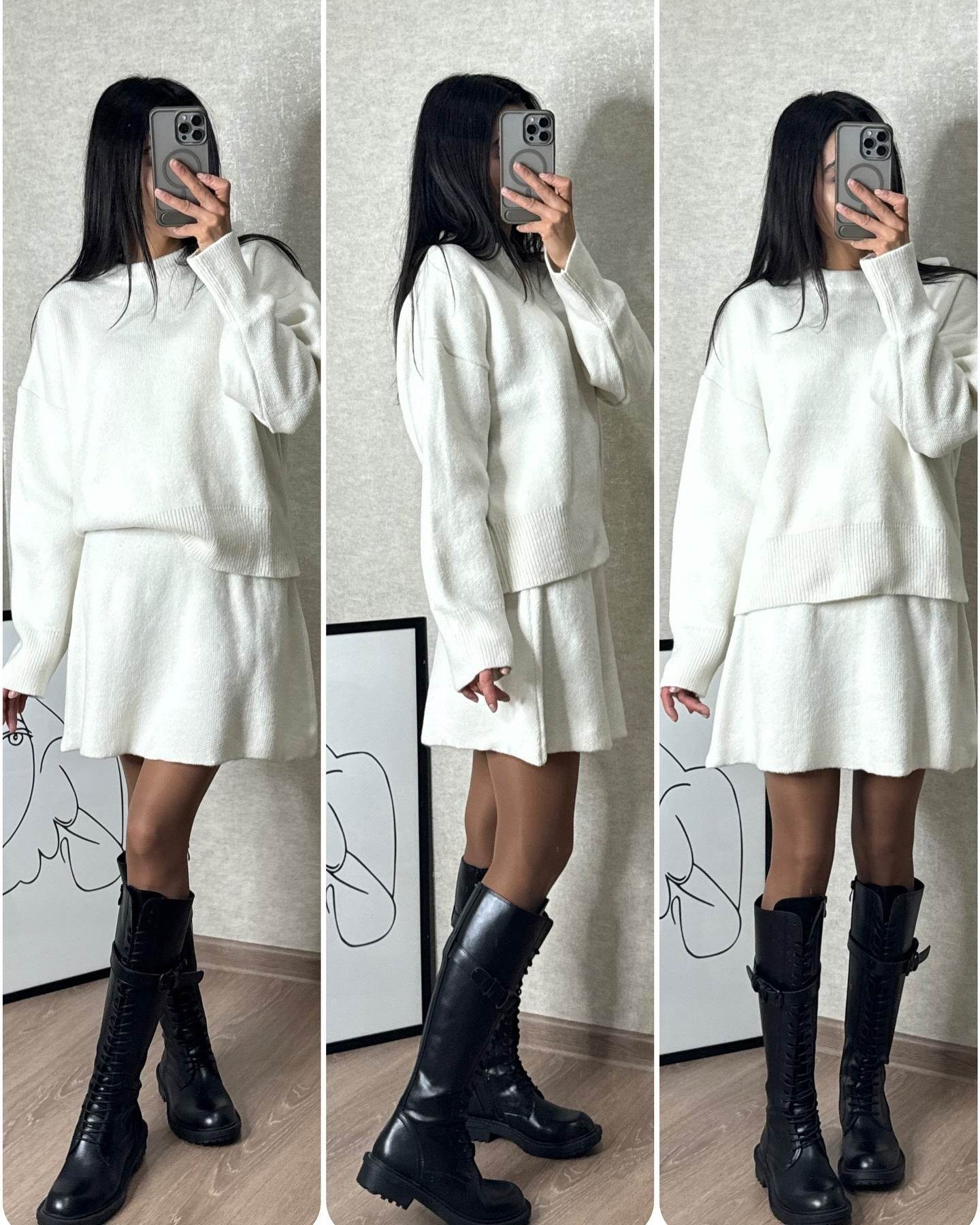 Sweater Skirt Sets For Women 2 Pieces Knit Casual Versatile Long Sleeve Pullover Elegant Solid High Waist Mini Skirt Outfit - Velora