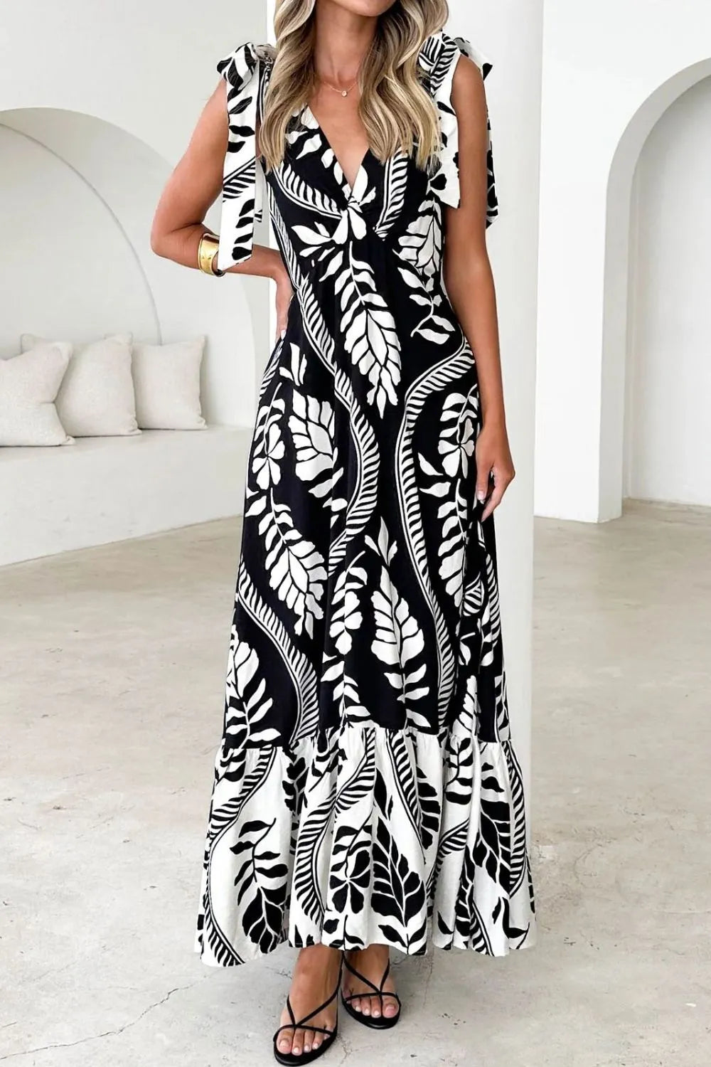 Printed V-Neck Tie Shoulder Midi Cami Dress - Velora
