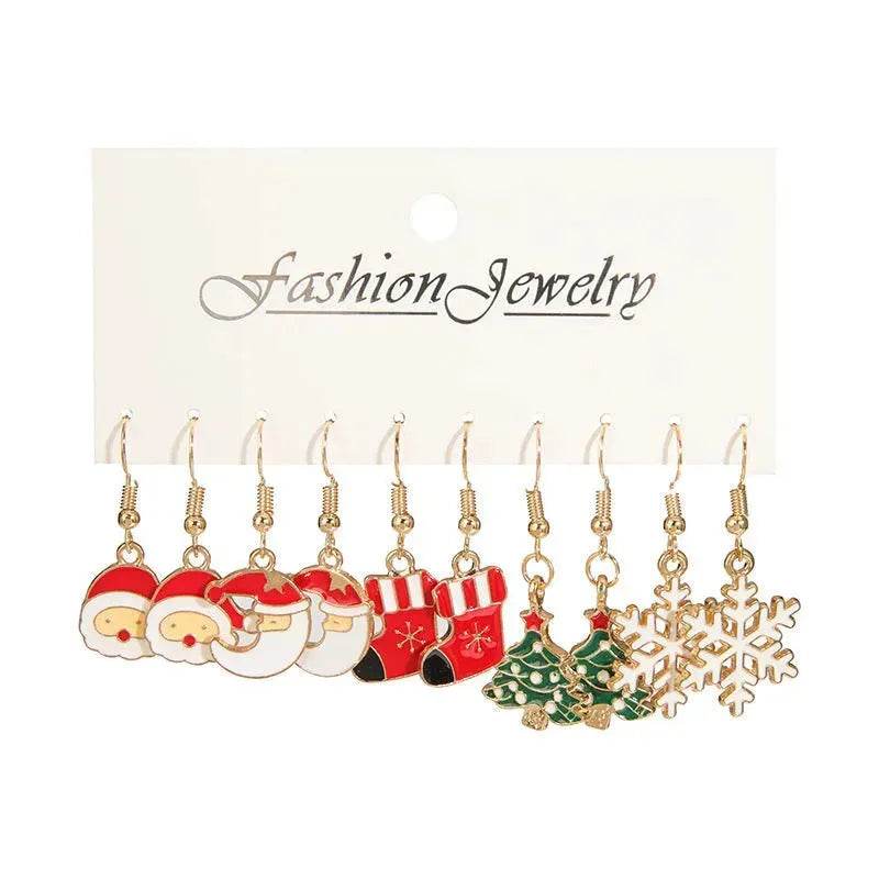 Christmas Stud Combination Suit Snowflake Elk Earrings - Velora