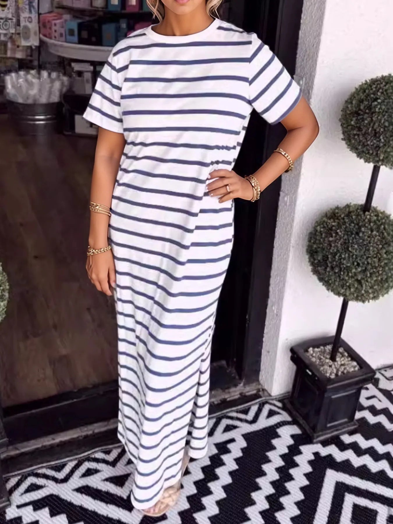 Full Size Striped T-Shirt Maxi Dress with Side Slit Plus Size - Velora
