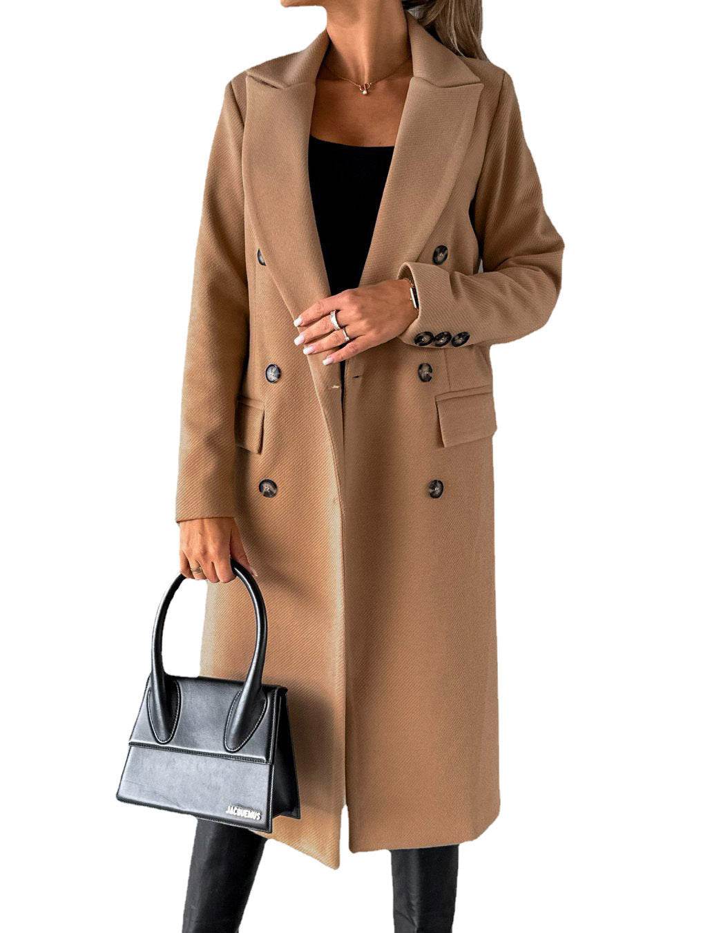 Long Sleeve Lapel Coat Winter Fashion Solid Double Breasted Slim Long Jacket Womens Clothing - Velora