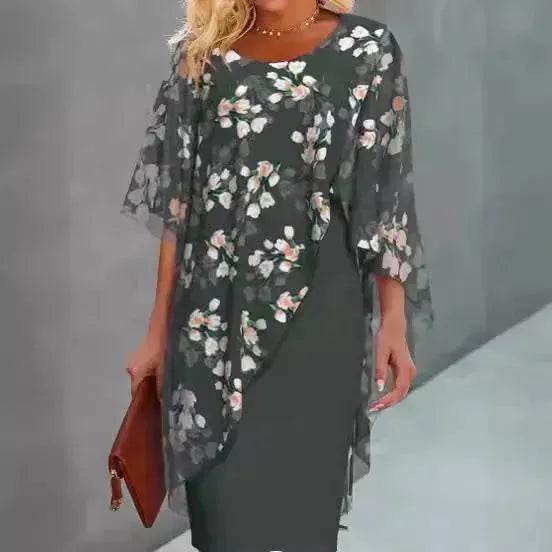 Printed Floral Chiffon Fashion Straight Cut Modest Dress - Velora
