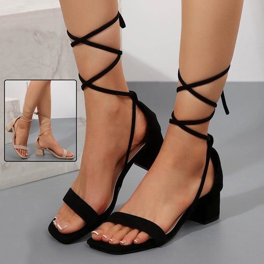 Summer Lace-up Sandals Fashion Square Toe Chunky Heel Shoes For Women - Velora