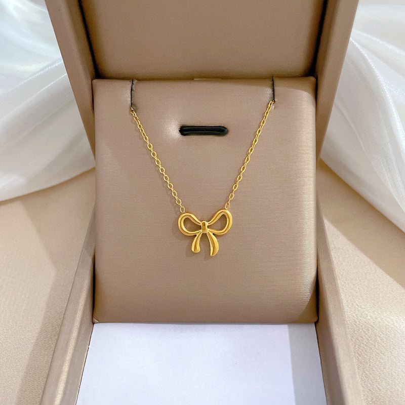 Whole Titanium Steel Mori Style Bowknot Minimalist Style Real Gold Clavicle Necklace For Women