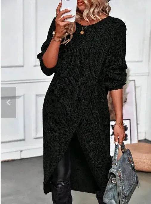 Front Split Winter Sweater Mini Tunic Dress - Velora