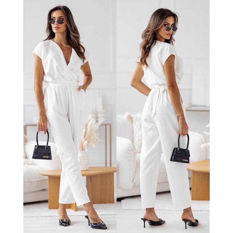 Fashion Solid Color Slimming Short-sleeved Jumpsuit Summer Lace-up Trousers Womens Clothing - Velora