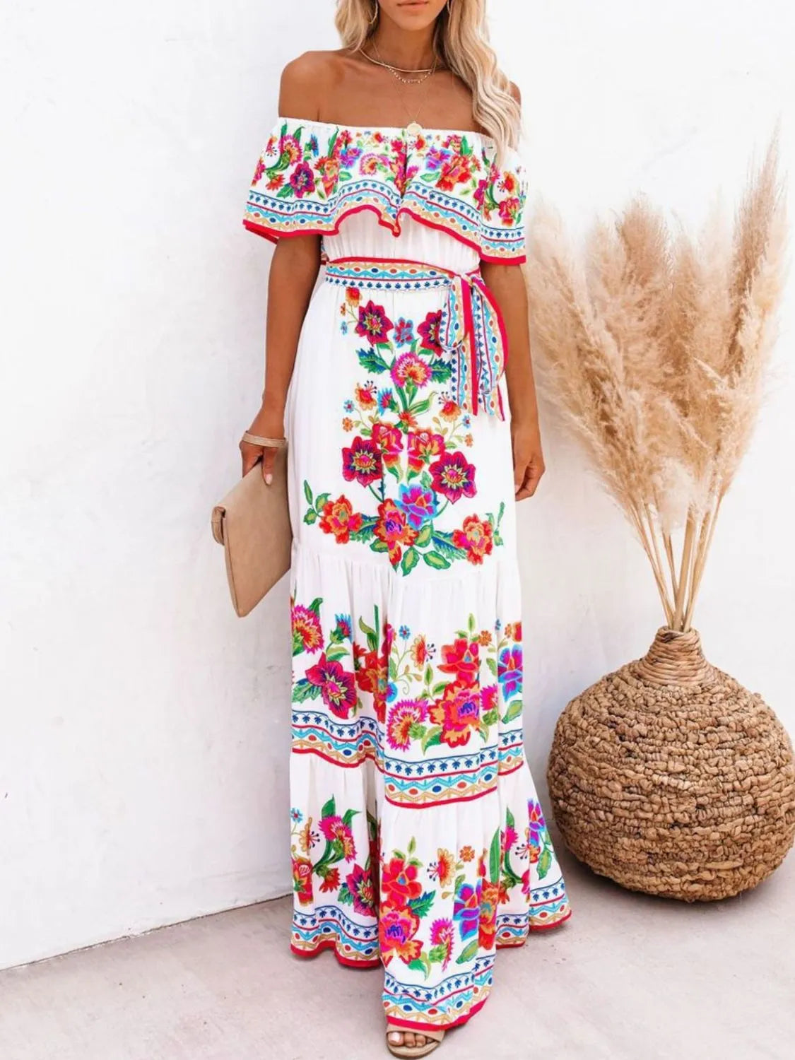 Floral Off Shoulder Ruffle Maxi Dress - Velora