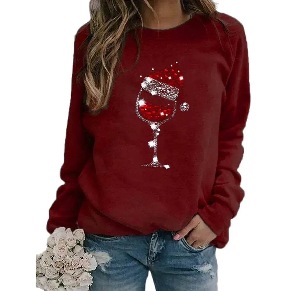 Clothing Christmas Women's Sweater Christmas Hat Red Wine Glass Graphic Print Crew Neck Long-sleeved Sweater - Velora