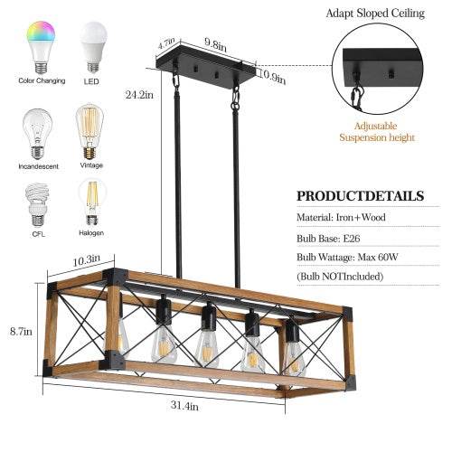 5 Lights Vintage Farmhouse Chandelier For Kitchen, Living Room, Dining Room Walnut - No Bulbs - Velora