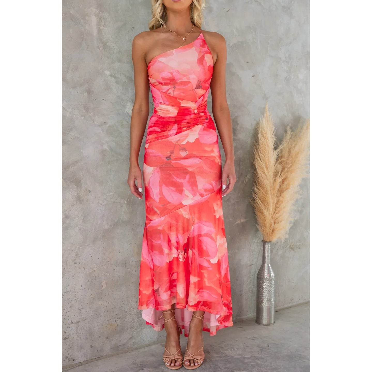 Flowers Print One-shoulder Dress Summer INS Casual Suspender Long Dresses Womens Clothing - Velora