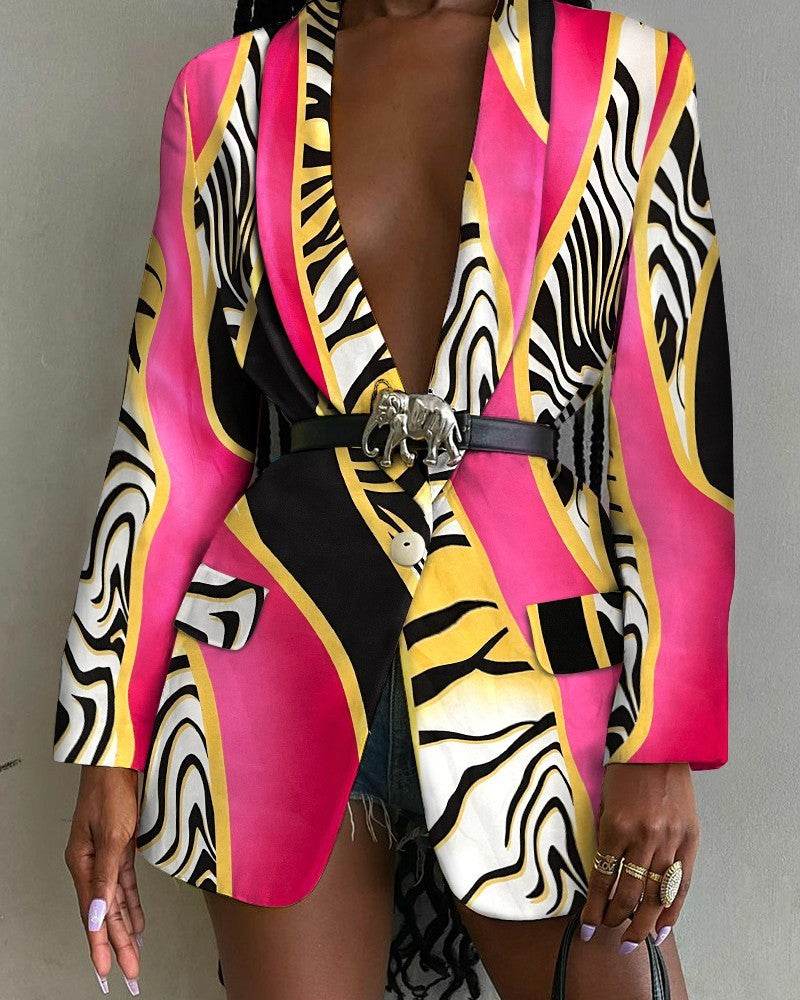 Fashion Printed Shawl Collar Single-breasted Belt Vintage Blazer Women - Velora