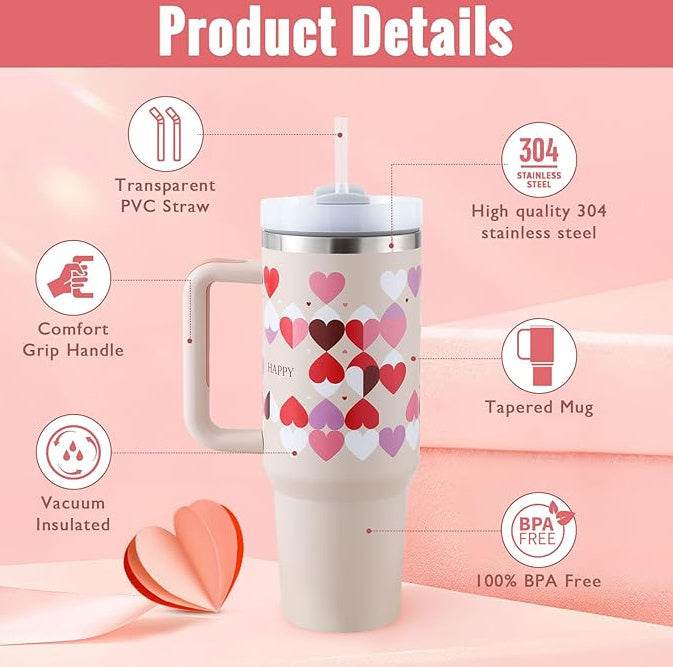 40 Oz Tumbler With Handle Straw Insulated, Stainless Steel Spill Proof Vacuum Coffee Cup Tumbler With Lid Tapered Mug Gifts For Valentine Lover Suitable For Car Gym Office Travel - Velora